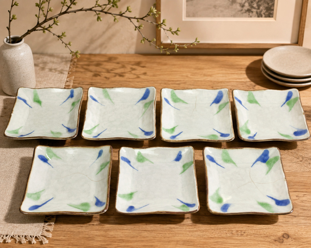Vintage Pottery Barn Japan Set 7 Square Salad Plates Blue Green Studio Pottery